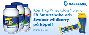 Köp 1 kg Whey Class+ Stevia - Smartshake 1liter och Swebar wildberry på köpet! 