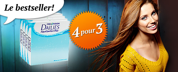 Achetez 4 boîtes de 90 Dailies AquaComfort Plus pour le prix de 3!