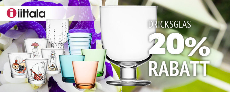 20% rabatt på dricksglasen Kartio, Lempi, Sarjaton, Aino Aalto och Mumin från Iittala!