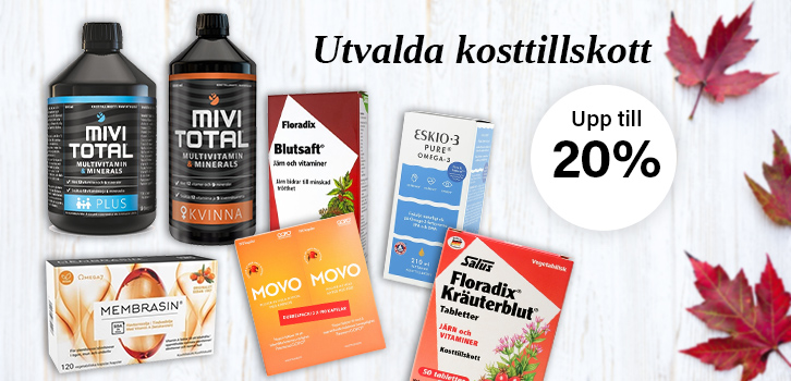 Upp till 20% rabatt på effektiva och högkvalitativa kosttillskott.